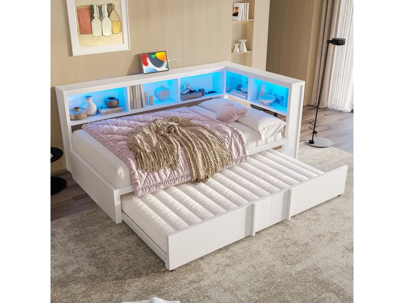  Canapé-lit 90x200 cm avec éclairage led et prise usb, lit adulte avec lit gigogne, noir, lit 1 personne  - Conforama C