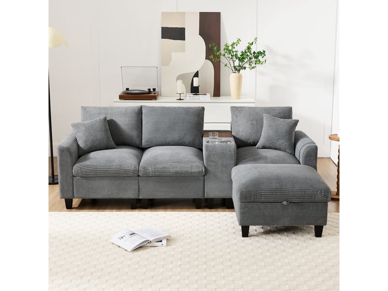 Canapé d'angle, canapé convertible, rangements dans les accoudoirs, porte-gobelets, usb, design moderne, appartement, pour salon - Conforama E