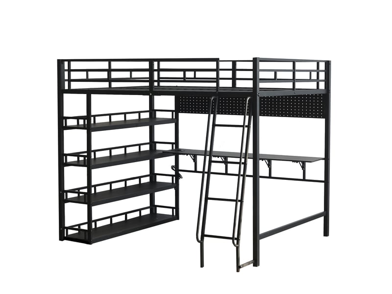  Lit mezzanine noir en métal et bois 140x200cm avec étagères, grand rangement, prise et échelle inclinée  - Conforama A