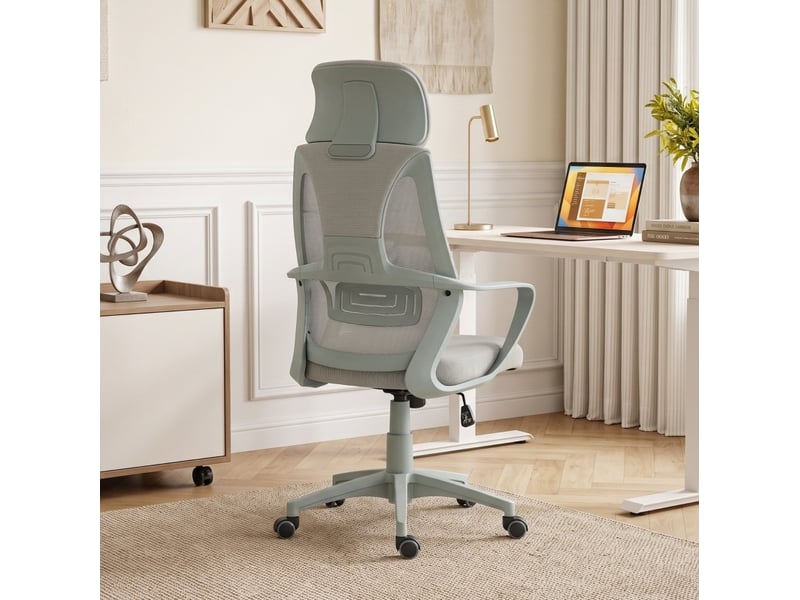  Chaise de bureau grise en tissu, réglable en hauteur, avec appui-tête ajustable, soutien lombaire et fonction bascule  - Conforama B