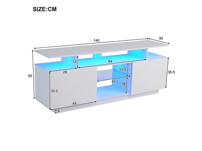  Meuble tv led blanc portes brillantes panneau de particules 140x35x55 cm  - Conforama C