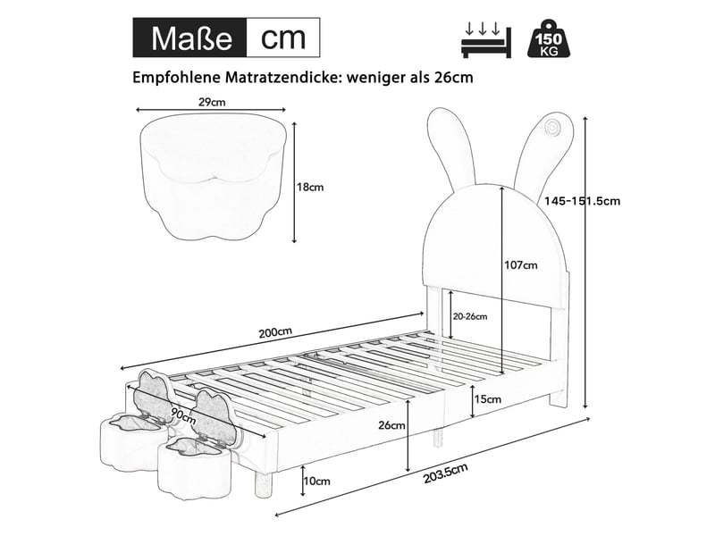  Lit capitonné 90x200 rose velours français avec rangement et oreilles de lapin - éclairage led  - Conforama C