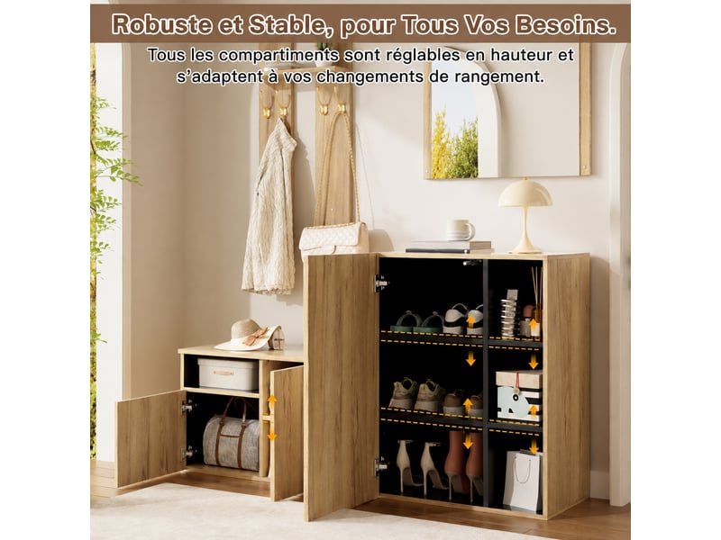  Ensemble vestiaire 4 pièces avec miroir, meuble à chaussures et banc, noir et bois, 120 cm  - Conforama D