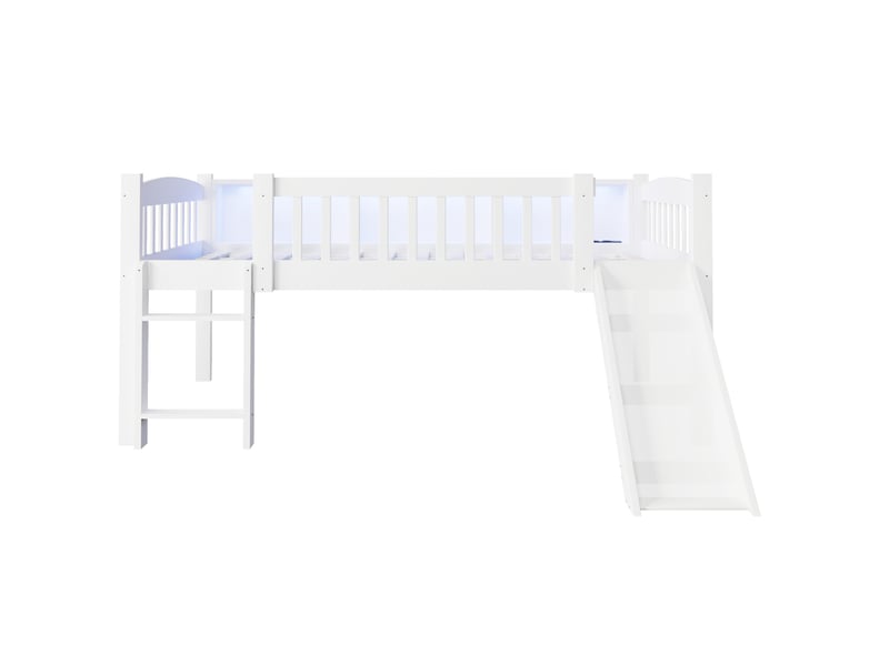  Lit enfant surélevé avec toboggan, rangements, led et usb 90x200 cm blanc  - Conforama D