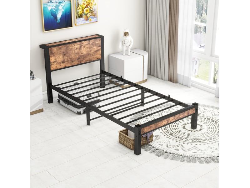 Lit simple 90x200 cm, lit jeune, finition noir+marron, métal et mdf, rangement sous lit 27 cm - Conforama E