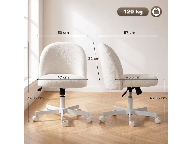  Sedia per scrivania girevole in tessuto sherpa con altezza regolabile e funzione dondolo, crema  - Conforama E