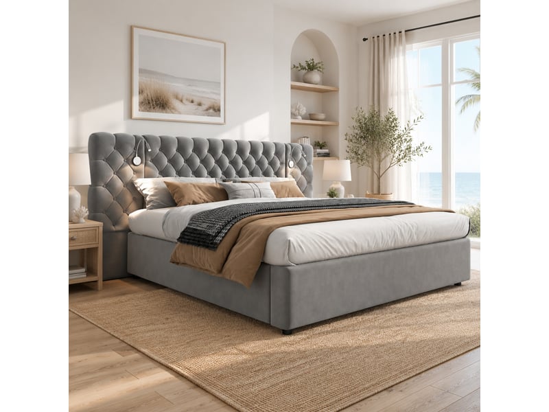  Lit coffre 160 x 200 cm gris en velours avec éclairage led et sommier à lattes  - Conforama C