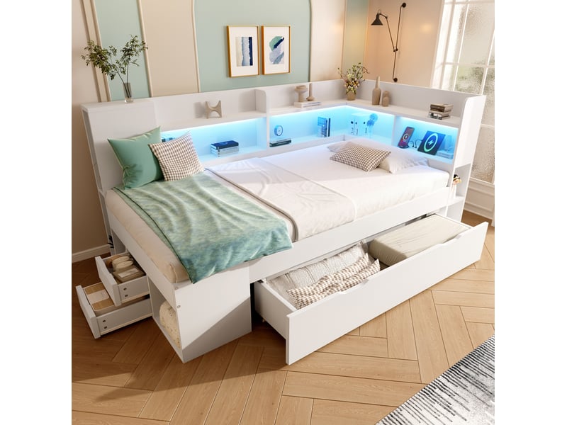  Lit banquette 90x190 cm avec led, usb et rangements coloris blanc  - Conforama B