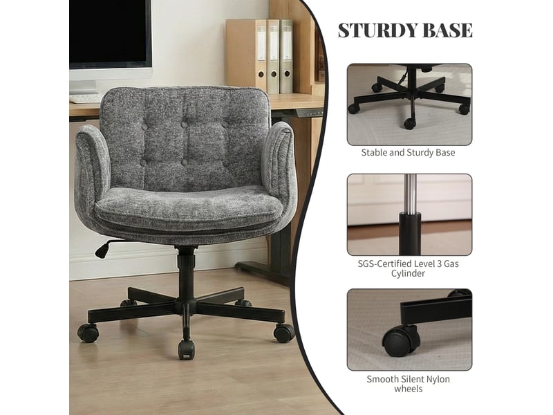  Chaise de bureau pivotante gris foncé en tissu, roulettes, hauteur réglable, accoudoirs rabattables, 150 kg  - Conforama D