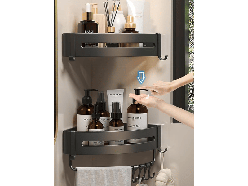  Étagère douche sans percage 2 pièces - support salle de bain métal noir avec 8 crochets - rangement pratique pour organisation salle de bain  - Conforama D