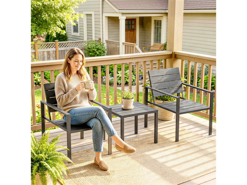  Ensemble de jardin 3 pièces comprenant 2 chaises d'extérieur et une table basse, en pehd et métal, gris foncé  - Conforama C
