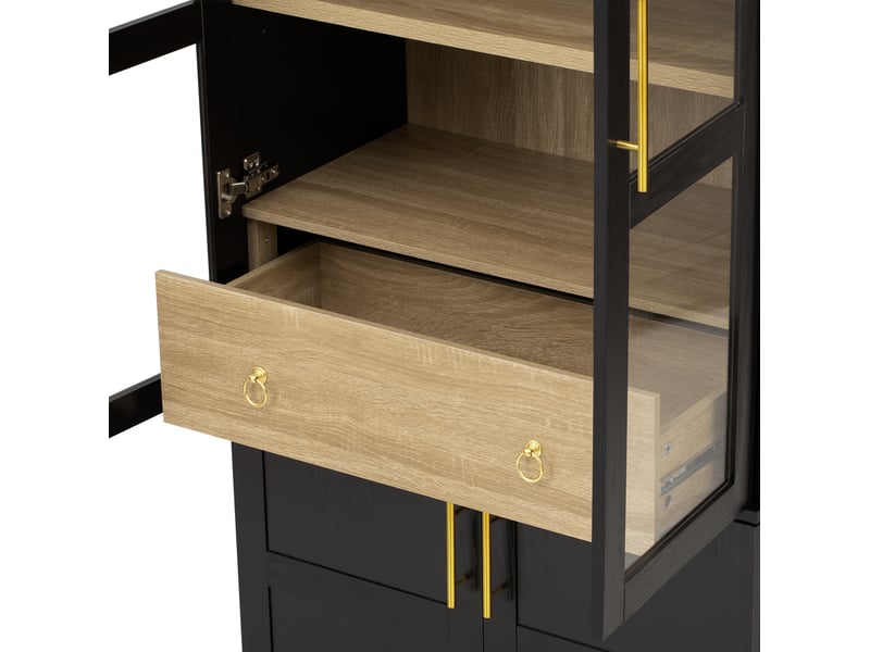 Buffet de cuisine 4 portes 1 tiroir 76x40x180 cm - meuble de rangement avec étagères réglables et portes vitrées - noir - Conforama W