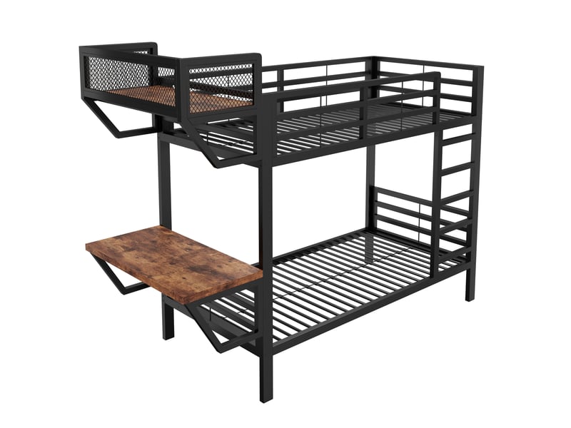  Lit superposé en métal 90 x 200 cm - avec bureau - avec compartiments de rangement - avec barrières de sécurité - noir (matelas non inclus)  - Conforama R