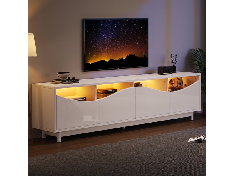  Meuble tv blanc laqué courbé 175x38x51 cm, porte en verre trempé, éclairage led pilotable via appli, mdf, sans poignée  - Conforama B