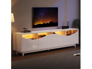 Meuble tv blanc laqué courbé 175x38x51 cm, porte en verre trempé, éclairage led pilotable via appli, mdf, sans poignée