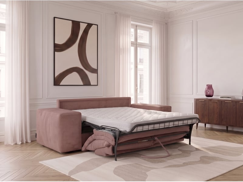 Bobochic canapé droit convertible ouverture express voltaire tissu velours côtelé rose 140x200 VOLTAIRE - Conforama C