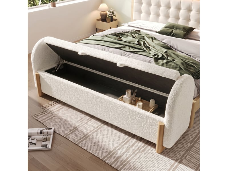 Banc coffre de lit 166x47x61 cm avec rangement hydraulique, tissu bouclé blanc  - Conforama B