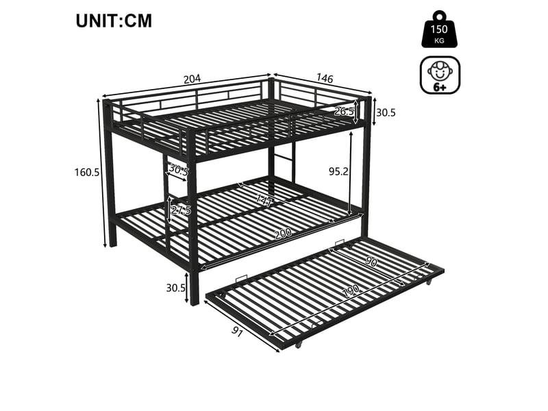  Lit superposé tcqpz 140 x 200 cm avec lit gigogne en métal noir pour chambre enfant sans matelas  - Conforama C