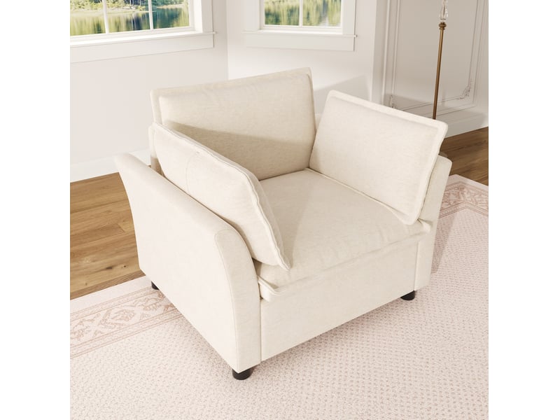  Fauteuil de salon 1 place 90x81x87 cm, accoudoirs courbés, 2 coussins, assise à ressorts, chenille beige  - Conforama D