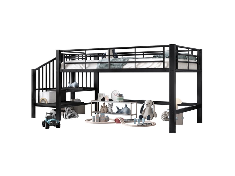  Lit mezzanine enfant mi-hauteur 90 x 200 cm avec escalier de rangement noir  - Conforama A