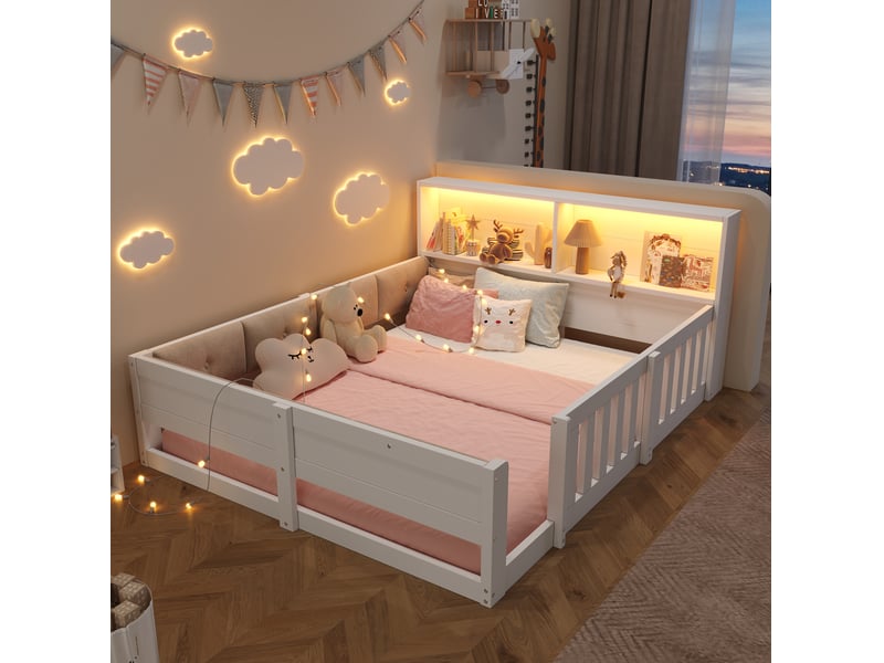  Lit enfant 140 × 200 cm 2 places avec barrières, led multicolore et rangements, sans matelas, blanc  - Conforama B