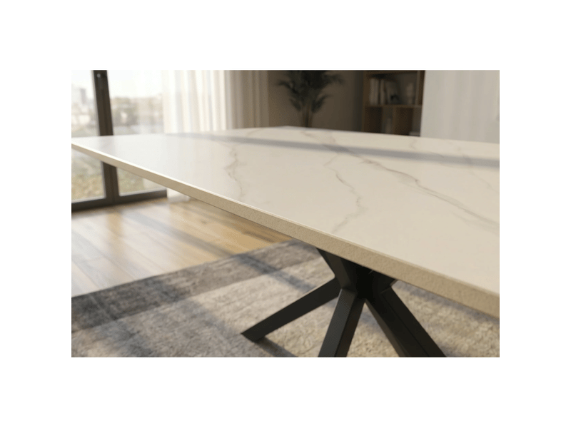  Table solara 180 cm en céramique effet marbre blanc avec pied étoile noir – 8 places  - Conforama E