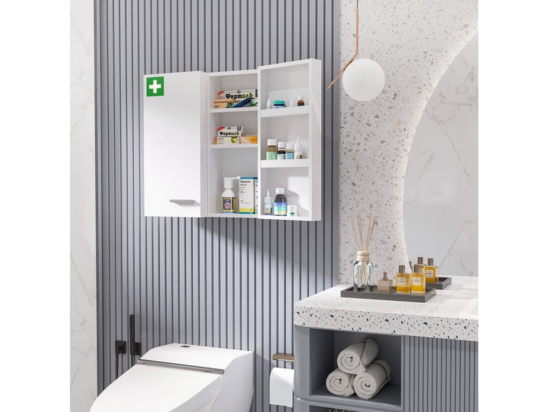  Armoire à pharmacie murale 55x18x60 cm blanche en acier, 2 portes verrouillables avec 6 étagères  - Conforama B