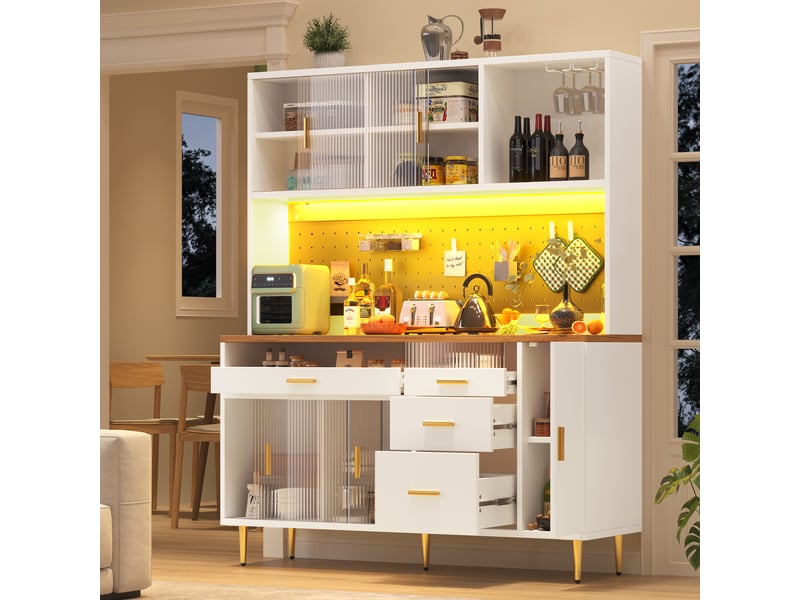  Buffet de cuisine 5 portes 4 tiroirs - 145 cm blanc led mdf buffet de cuisine blanc - Conforama E