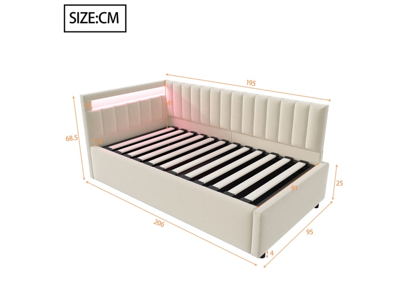  Lit banquette 90x200 cm en velours beige, led, coffre hydraulique et dossier latéral modulable  - Conforama C