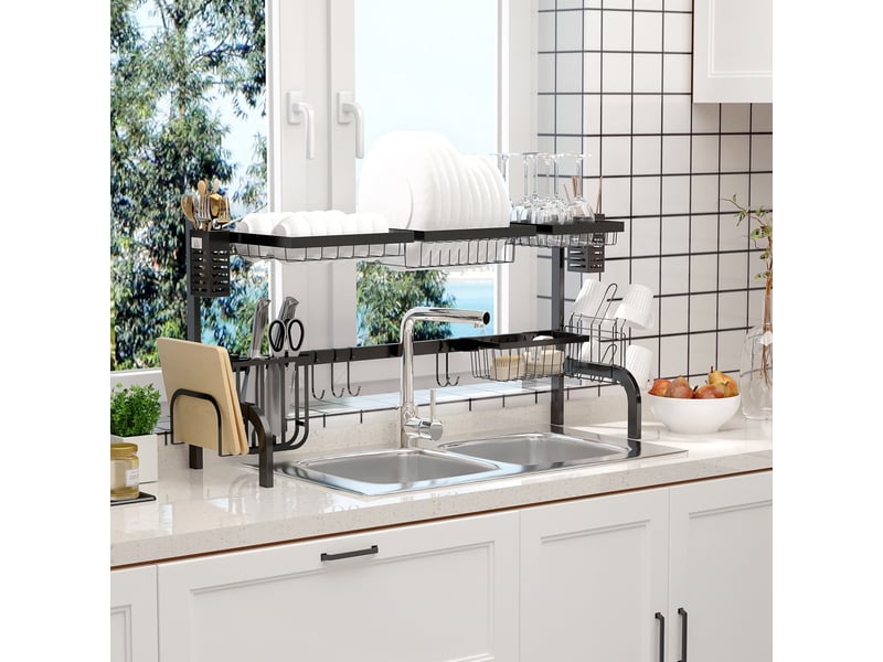  Égouttoir à vaisselle à 2 niveaux en acier inoxydable avec planche à découper et porte-couverts, 100 x 30 x 52,5 cm, noir  - Conforama D
