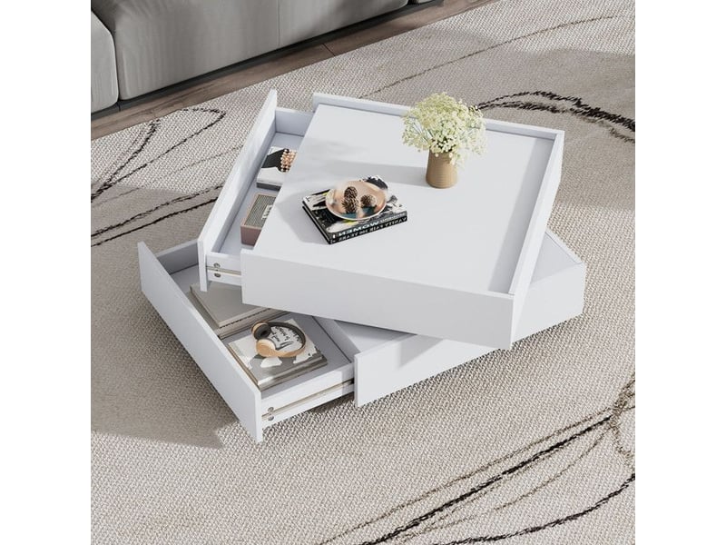  Table basse rotative - plateau rotatif à 360° - blanc - 2 étagères - espace de rangement 60x60x38cm - Conforama B