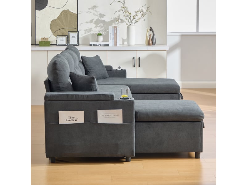  Canapé panoramique convertible en lit 272 cm, 4 places avec double méridienne, rangements, porte-gobelets, usbtype-c, tissu effet lin, gris foncé  - Conforama E