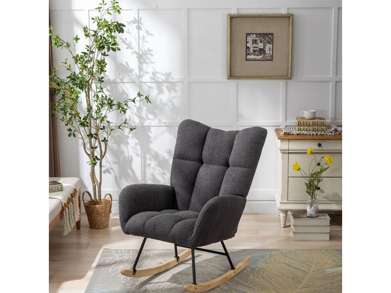  Fauteuil à bascule - 65x77x90cm - fauteuil rocking chair tissu bouclette teddy avec poche et pieds bois massif - gris  - Conforama B
