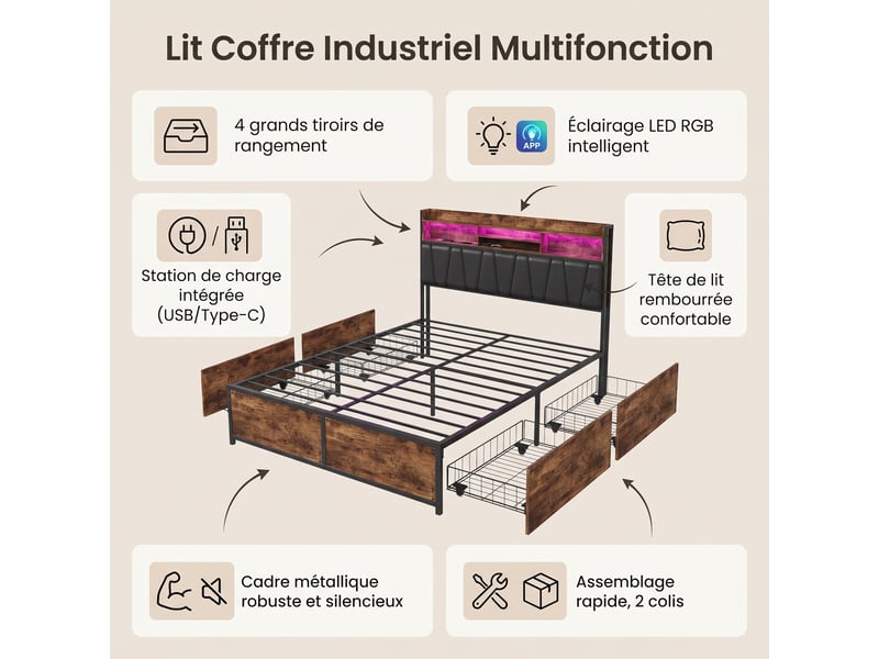  Lit double 140x200 cm avec 4 tiroirs et led, lit adulte avec ports usb et tête de lit capitonné, style industriel, noir  - Conforama C