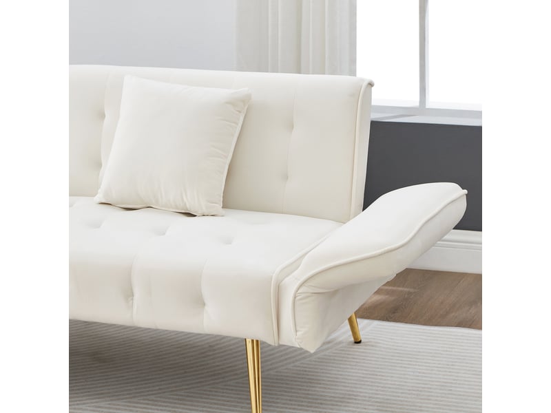 Canapé convertible 2 places velours blanc ancien, dos réglable 3 positions, structure bois et métal doré, design contemporain salon  - Conforama E