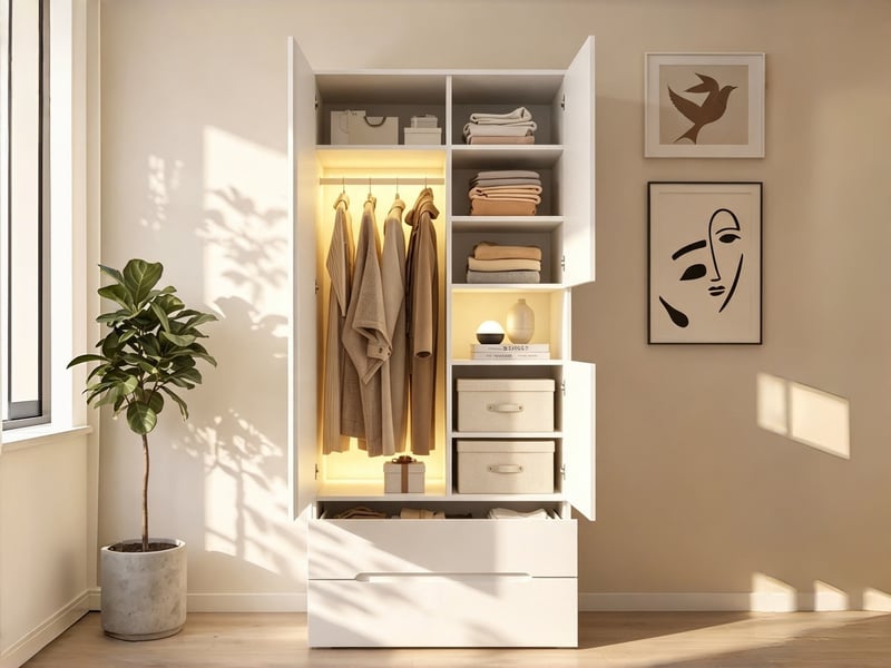  Armoire avec éclairage led, 90 x 50 x 200 cm, 1 penderie, 3 portes, 2 tiroirs et 6 étagères, style moderne, blanc  - Conforama B