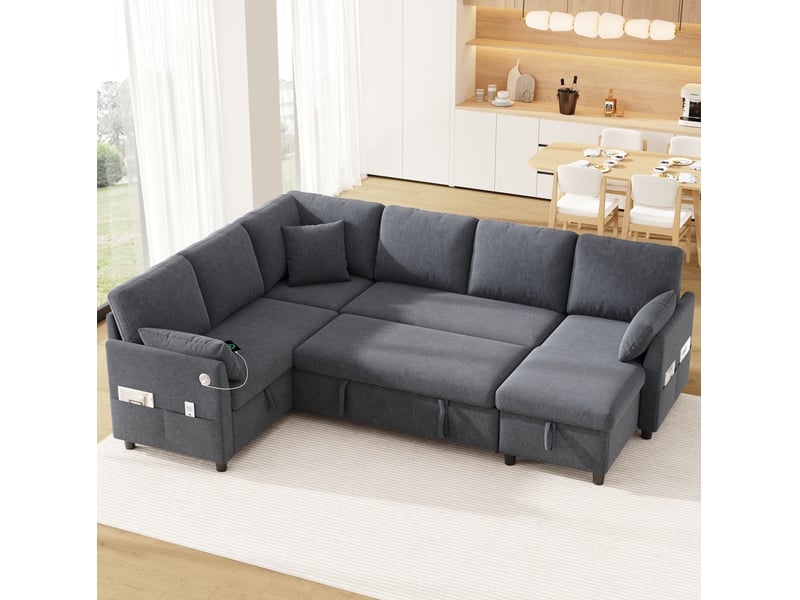  Canapé d'angle convertible tcqpz 6 places 255 x 196 x 85 cm rangement usb type-c gris  - Conforama D