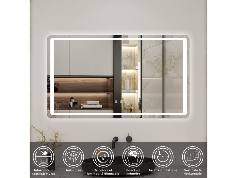  Aica miroir de salle de bain led tri-couleur antibuée, 120x70cm, mémoire, arrêt auto 1h  - Conforama B