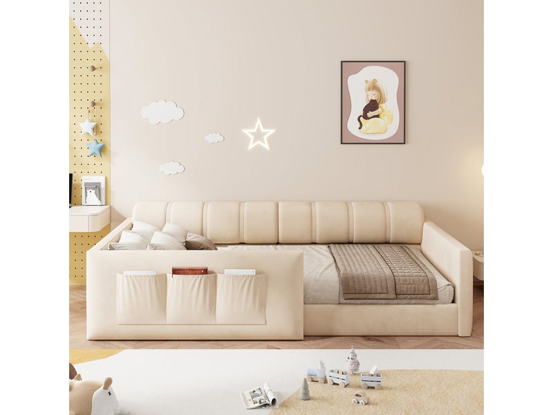  Lit banquette enfant 90x200cm en velours beige, tête de lit rembourrée avec poches de rangement, 12 lattes, structure métal et mdf pour chambre  - Conforama C