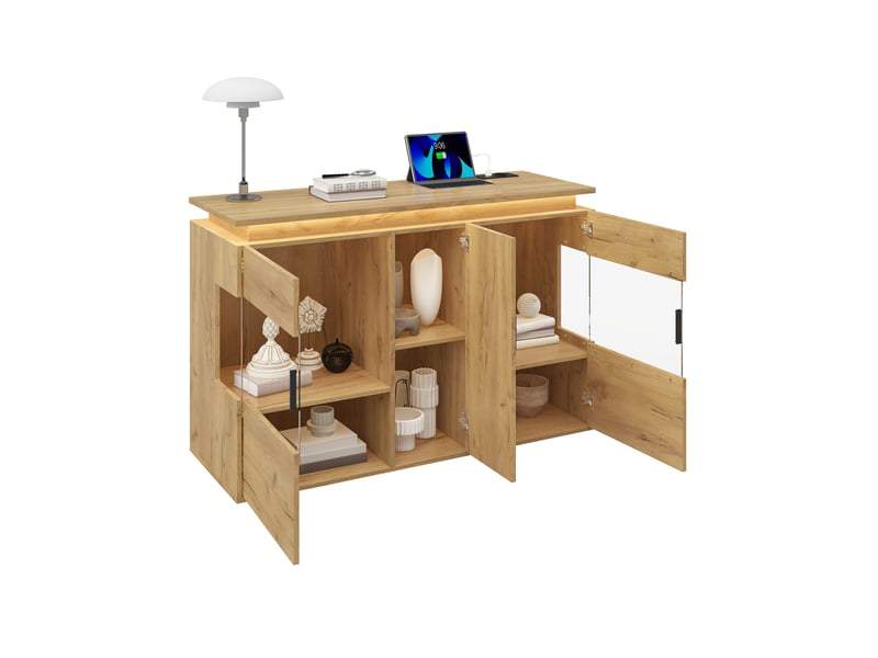  Buffet bas avec led et station de charge – chêne clair – 120 x 40 x 79,5 cm  - Conforama A