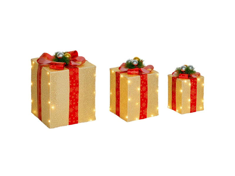  Ensemble de 3 boîtes cadeaux de noël avec 58 lumières led blanc chaud et décorations dorées pour sapin de noël.  - Conforama A