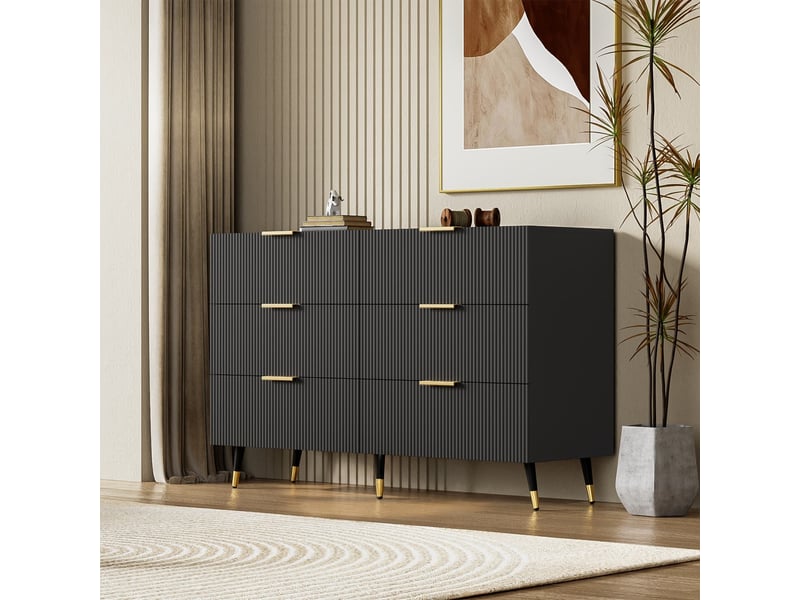  Commode à 6 tiroirs, 120 x 77 x 40 cm, finition texturée ondulée, poignées dorées, style moderne et minimaliste, noir  - Conforama D