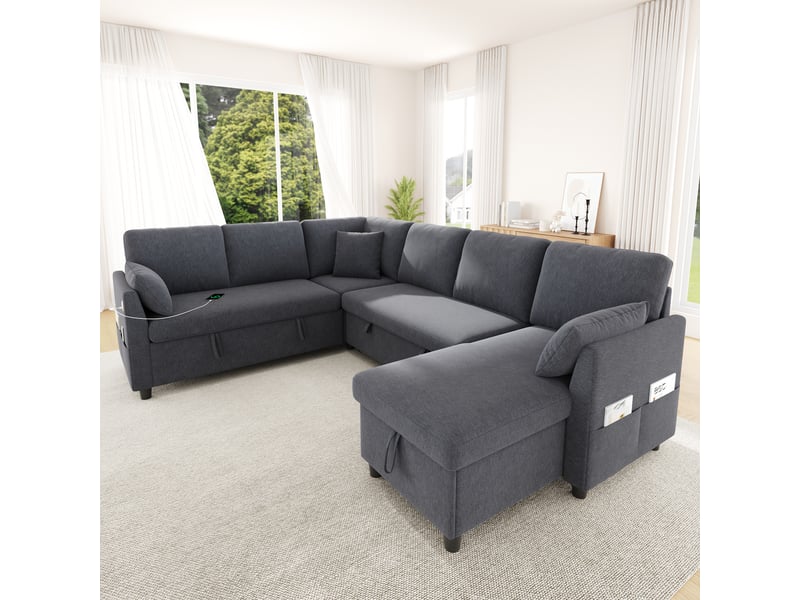  Canapé d’angle convertible 6 places 255x196x85 cm en lu, méridienne réversible, coffres, usbtype-c, poche latérale, 3 coussins, lin, gris Bliss Lite - Conforama D