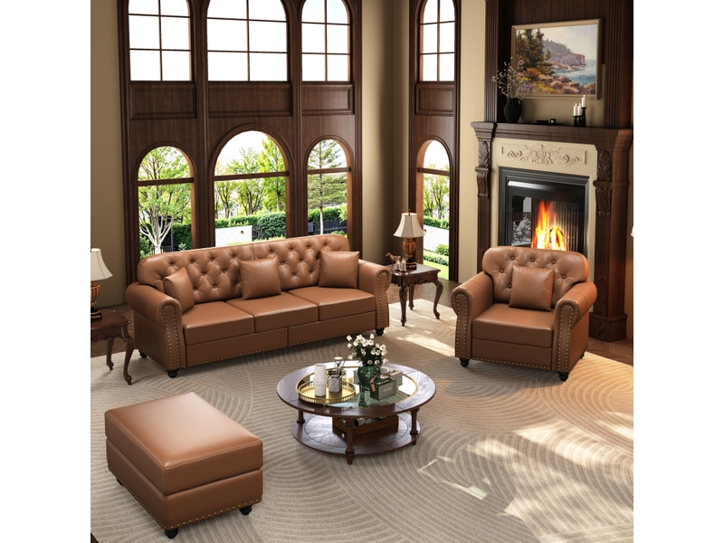  Salon chesterfield 5 places avec pouf en simili cuir marron, 210 cm Fay Lum - Conforama B