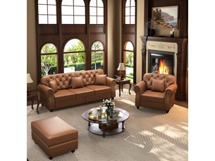 Salon chesterfield 5 places avec pouf en simili cuir marron, 210 cm