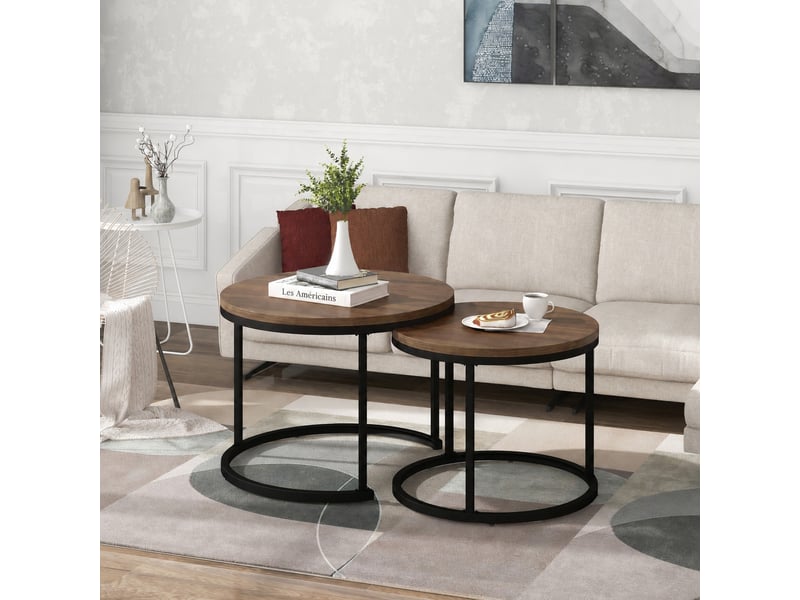  Tables basses rondes gigognes en mdf aspect bois, ensemble de deux tables basses rondes pour salon, marron  - Conforama B