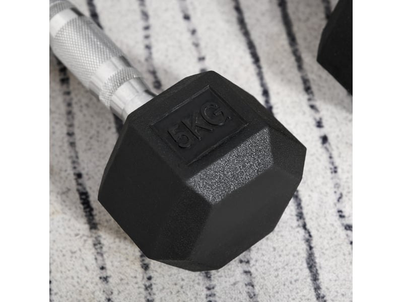  Lot de 2 haltères hexagonaux 2 x 5 kg en fonte avec revêtement caoutchouc noir, poignées moletées, design antiroulis  - Conforama E