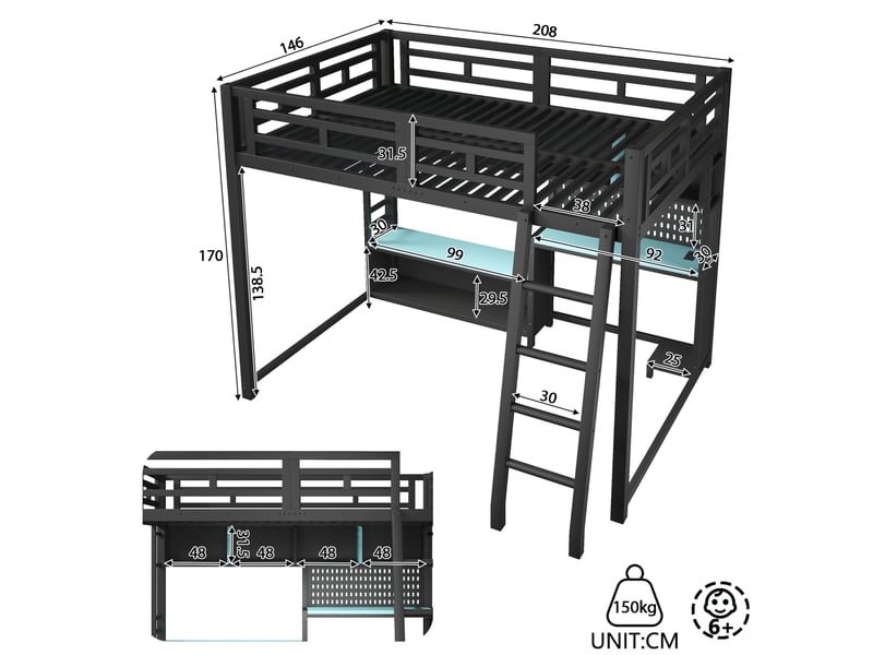  Lit mezzanine 140 × 200 cm 2 places avec bureau, éclairage led et étagères, sans matelas, en métal noir  - Conforama D
