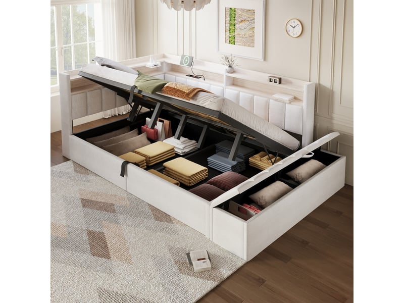  Lit de repos, 140 x 200 cm, rangement hydraulique, prise électrique, élément de rangement latéral, velours, blanc crème  - Conforama D