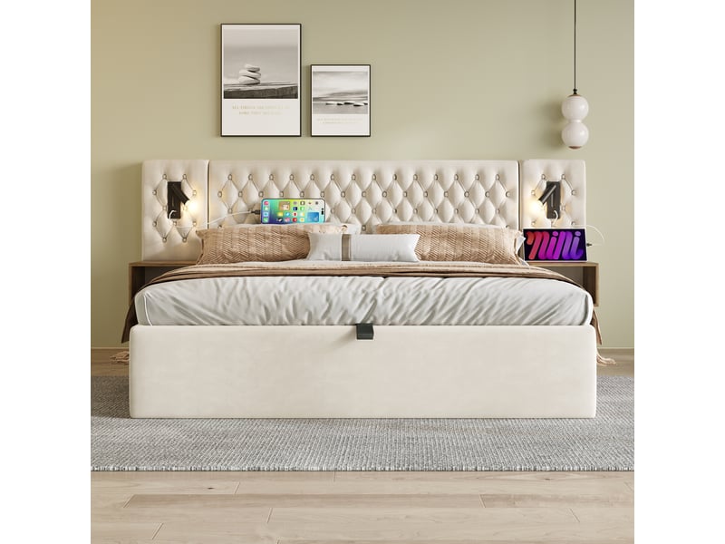  Lit coffre 160x200 cm – 2 chevets, led et ports usb, revêtement velours beige  - Conforama D